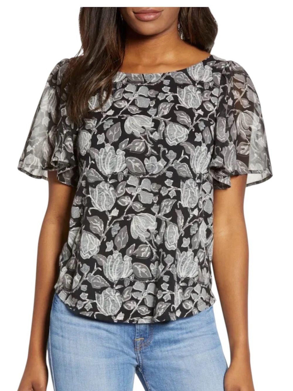 Lucky Brand Black Top with White Floral Flutter-Sleeve size 2X🚨Host Pick🚨